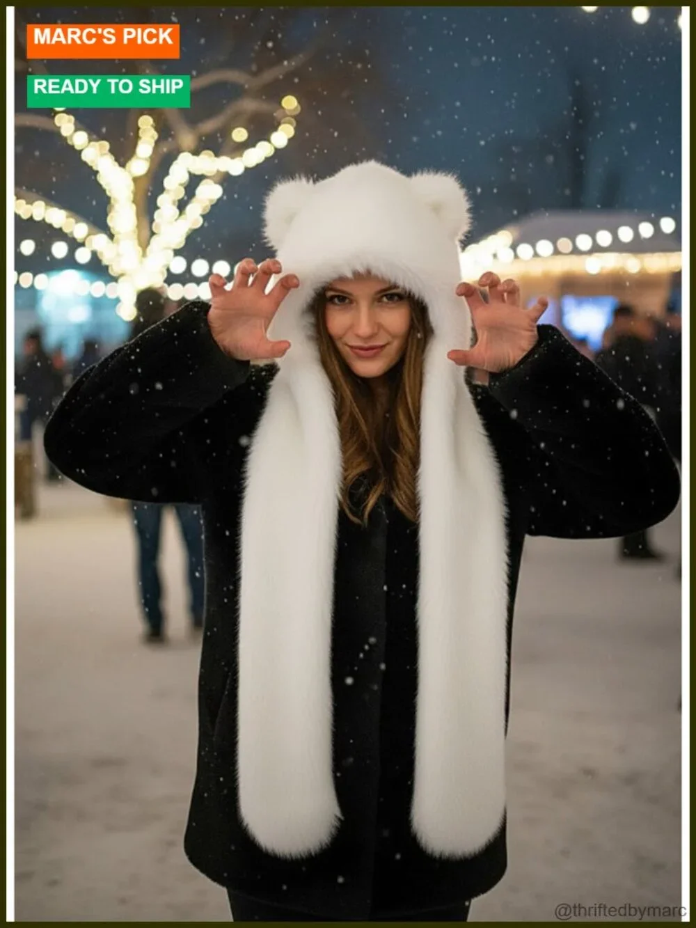 Wolf Faux Fur Hood 3-in-1 Scarf Hat and Mittens with Ears Paws Winter Costume